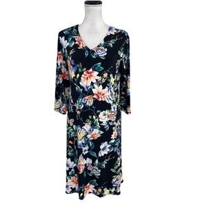 Chico's Dress size 8/10 1 Black Blue Yellow Floral Butterflies Slinky Stretch